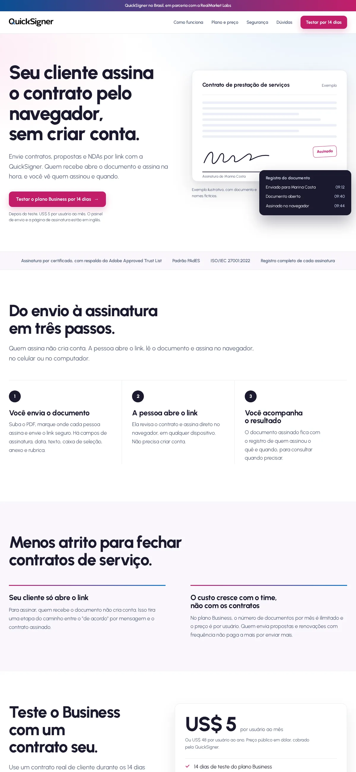QuickSigner landing page created for the Brazilian market
