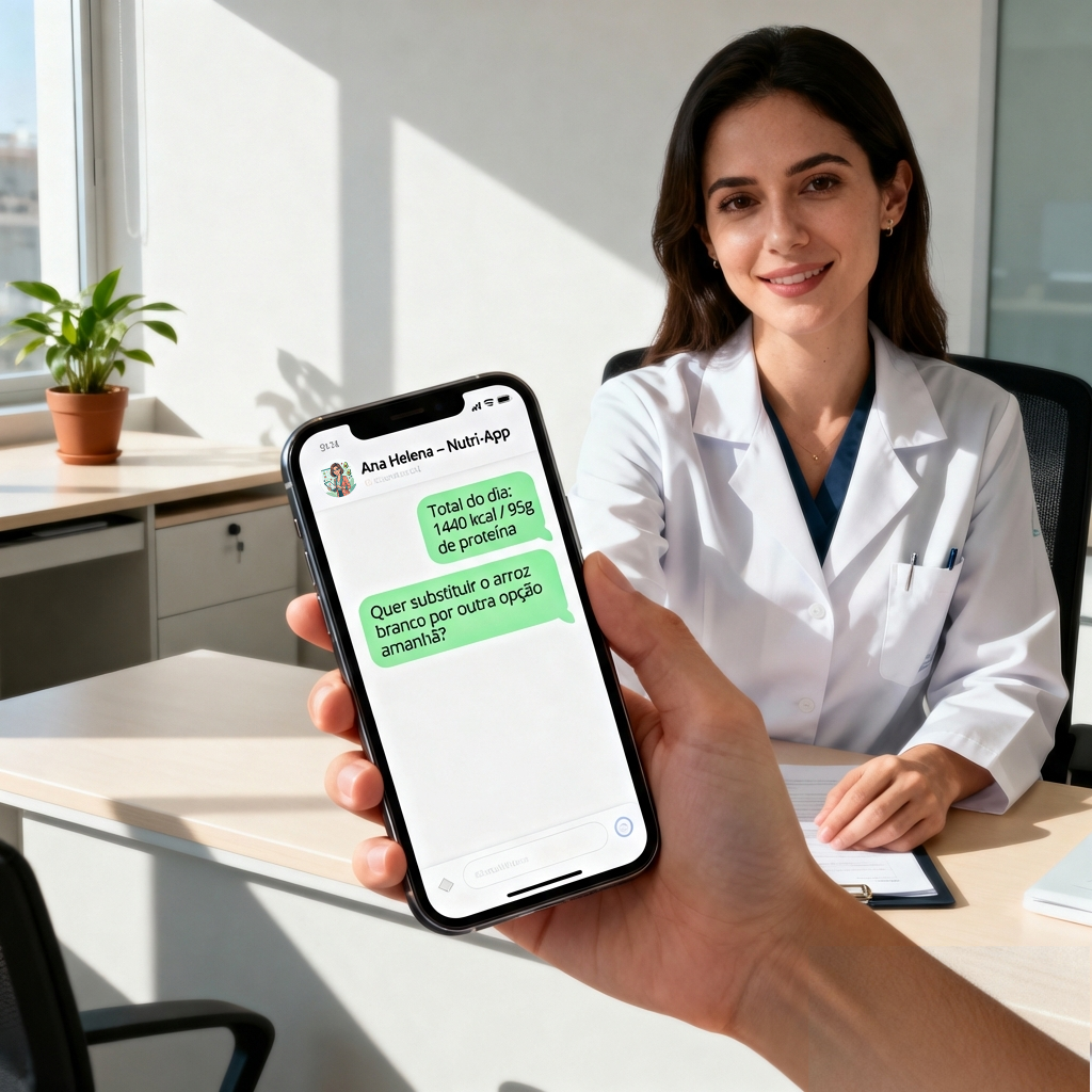 Nutricionista usando o celular durante o acompanhamento de pacientes pela Nutri-App.