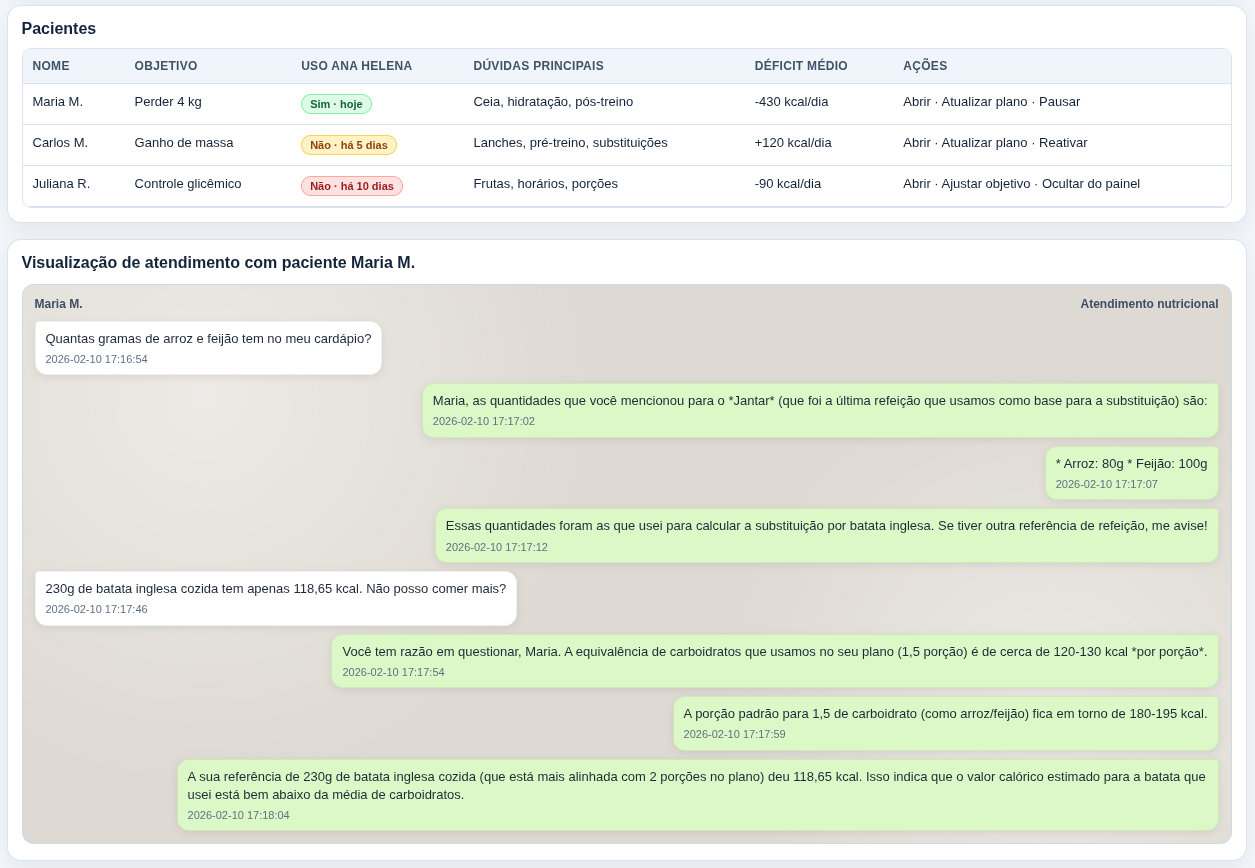 Segunda visualização do dashboard Nutri-App com destaque para acompanhamento de conversas reais no atendimento.