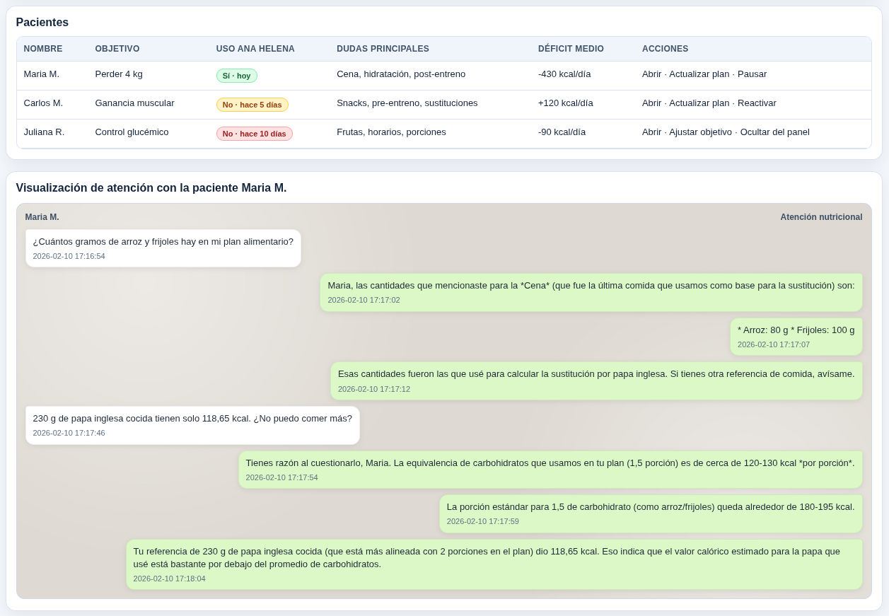 Segunda visualización del panel de Nutri-App con destaque para el seguimiento de conversaciones reales en la atención.