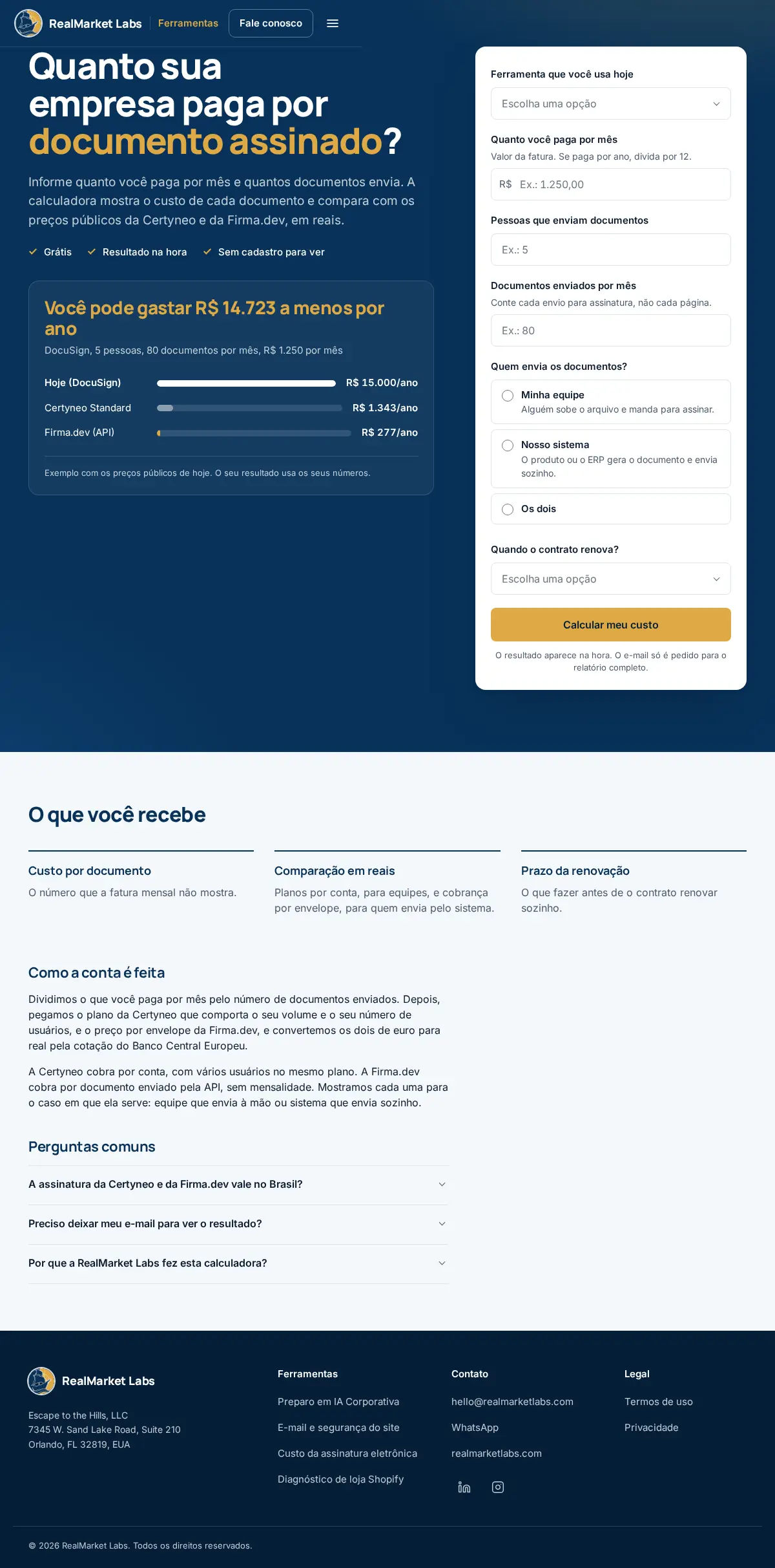 E-signature cost calculator tool page