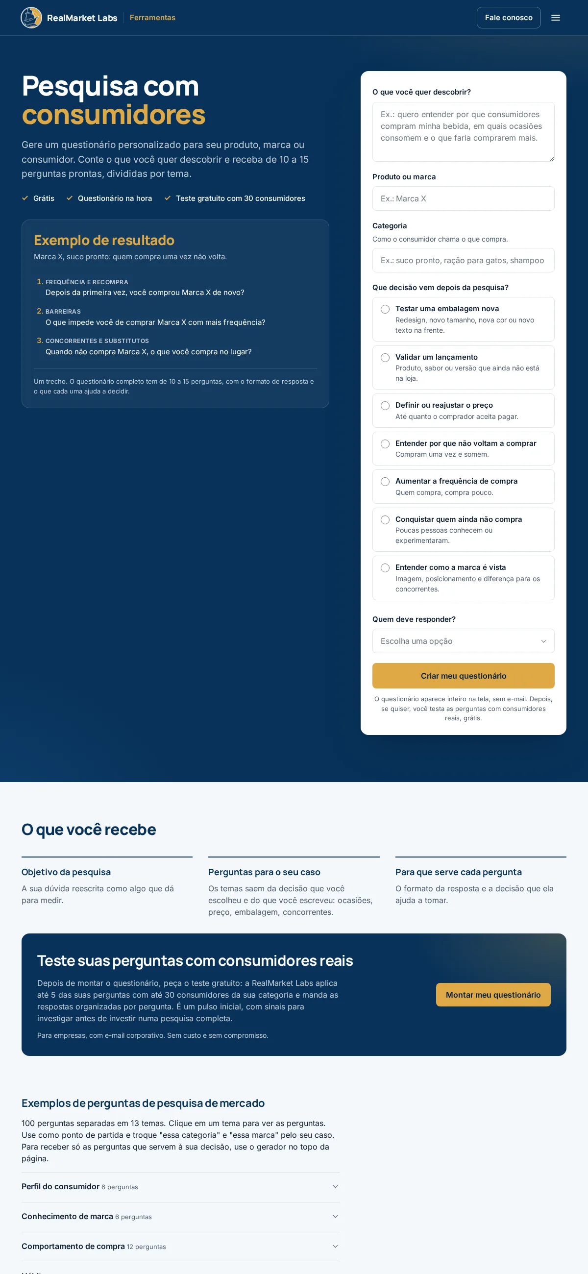 Market research questions tool page