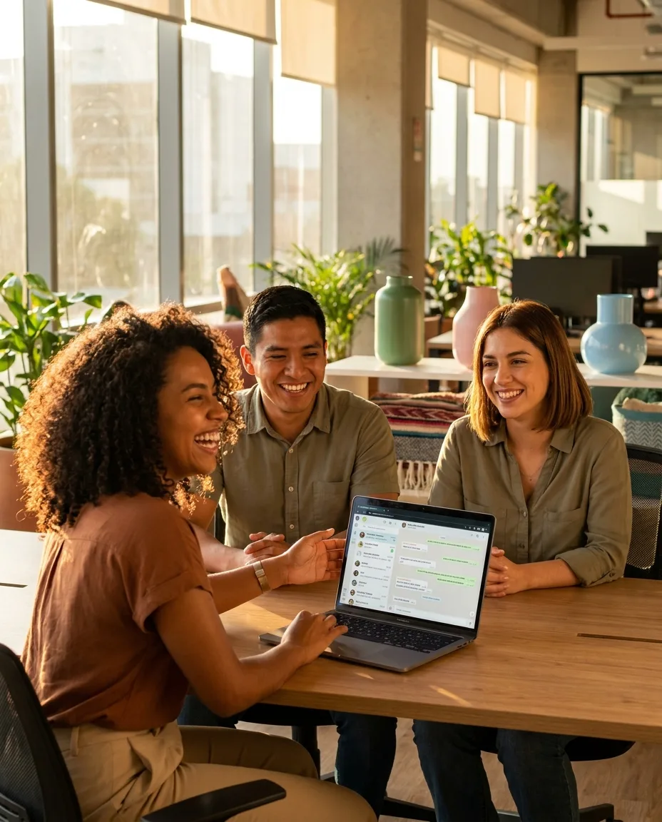 Brazilian, Mexican and Argentine operators reviewing WhatsApp conversations on a laptop